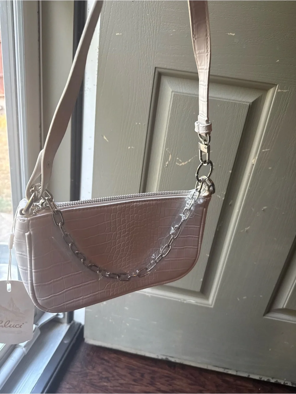 White Croc-Embossed Wristlet Bag
